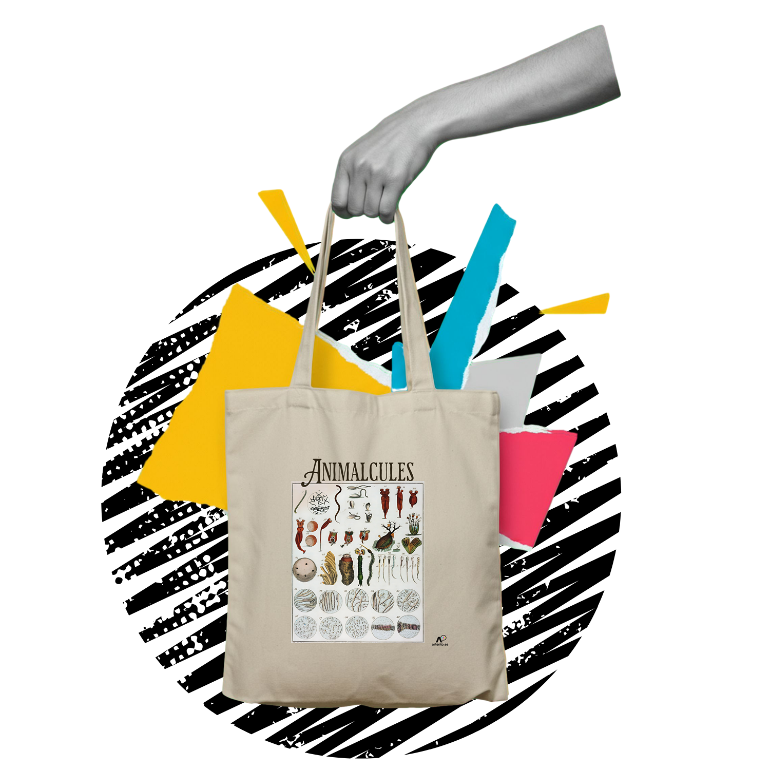 A beige tote bag featuring vintage scientific illustrations of microscopic organisms labeled 