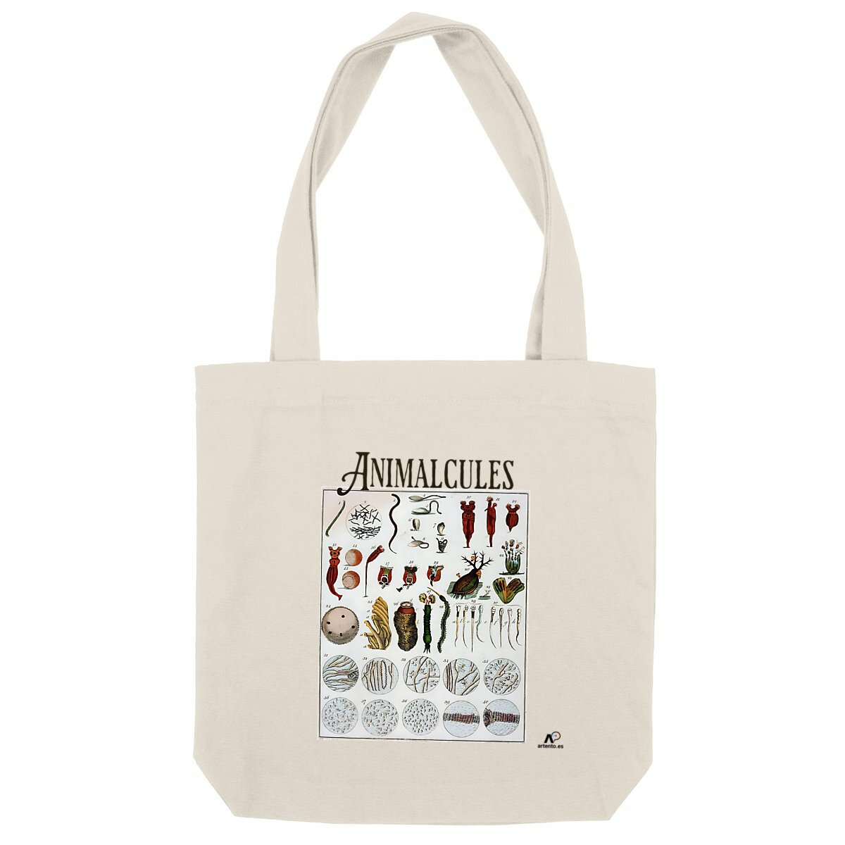 Explora el mundo invisible con la bolsa tote Animalcules. Con ilustraciones vintage de microscopios impresas en algodón orgánico: científica, curiosa y con estilo.