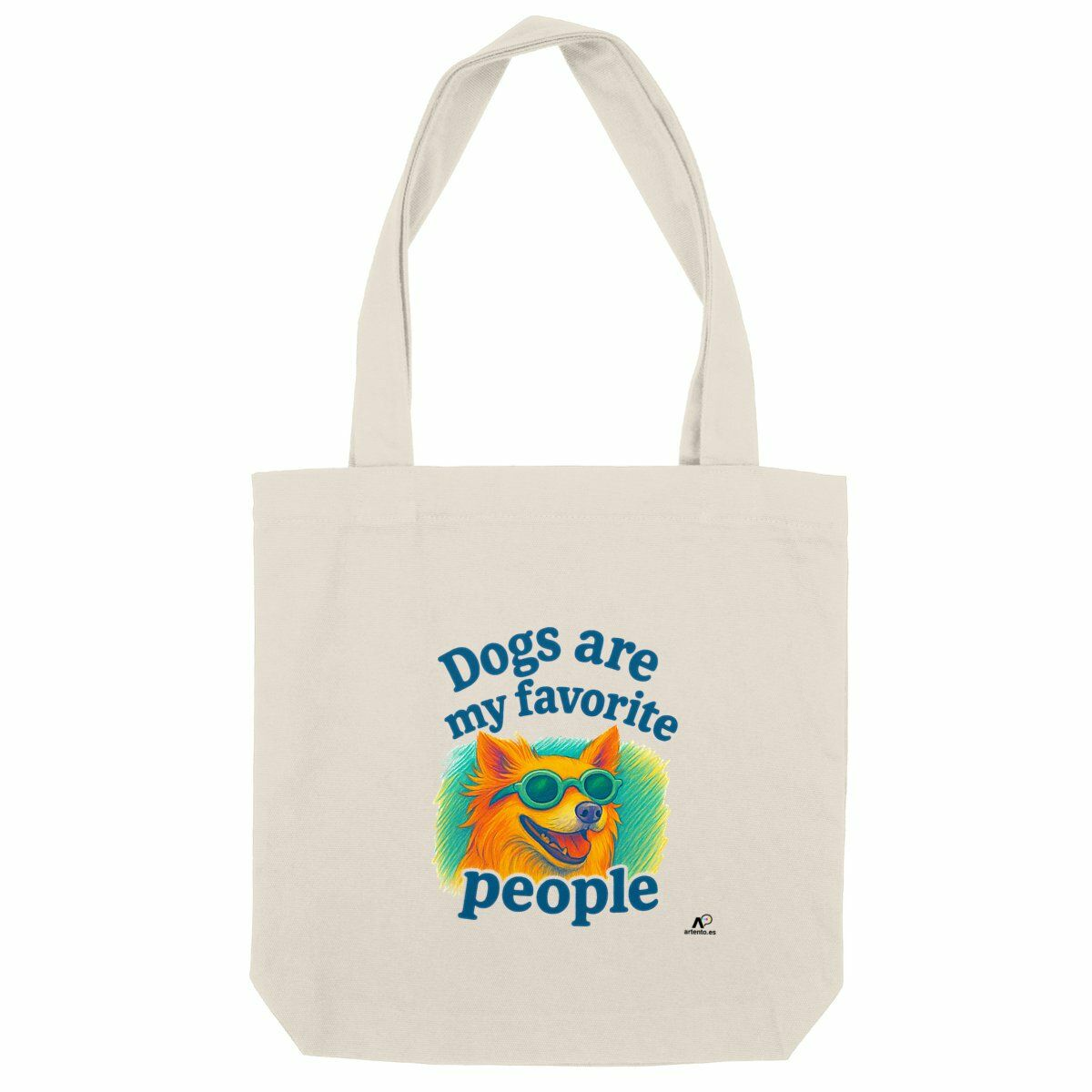 Bolso de tela color beige con una ilustración colorida de un perro con gafas de sol y la frase «Los perros son mis personas favoritas». Haz clic para ir a la página del producto.