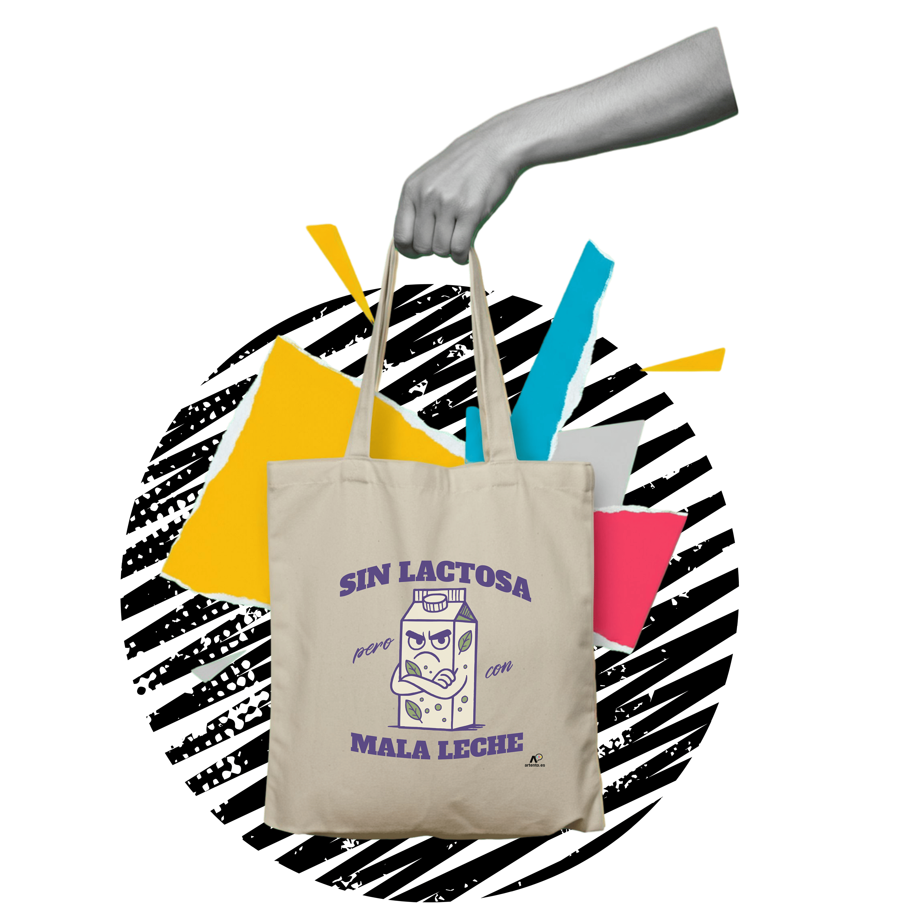Beige tote bag with a humorous design of a grumpy plant-based milk carton and the Spanish phrase 'Sin lactosa pero con mala leche' in bold letters, because plant-based and personality-free are no match. Held by a grayscale hand with abstract cyan, magenta, yellow, and white shapes in the background to highlight the product. Click to zoom in.