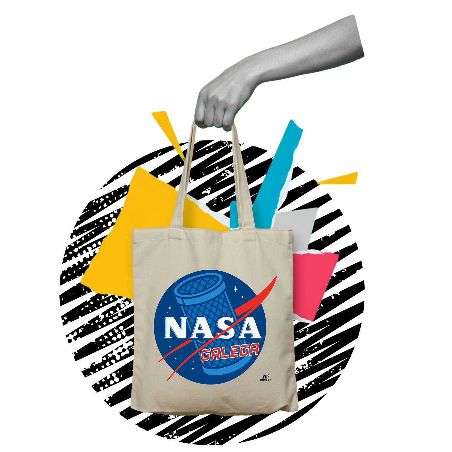 A beige tote bag featuring a playful “NASA Galega” logo that replaces the NASA emblem with a blue illustration of a traditional Galician crustacean trap, held by a grayscale hand against a black background with colorful abstract shapes in yellow, blue, white, and pink.