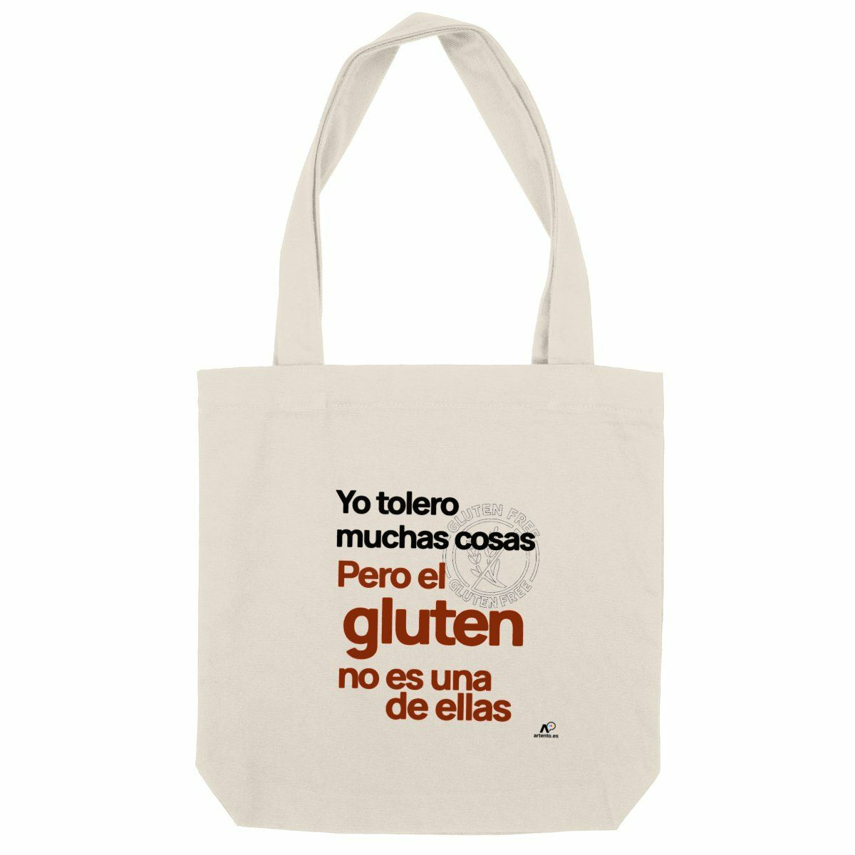 Bolso de tela color beige con un diseño tipográfico llamativo en español que dice «Yo tolero muchas cosas pero el gluten no es una de ellas», combinando humor con una postura libre de gluten. Haz clic para ir a la página del producto.