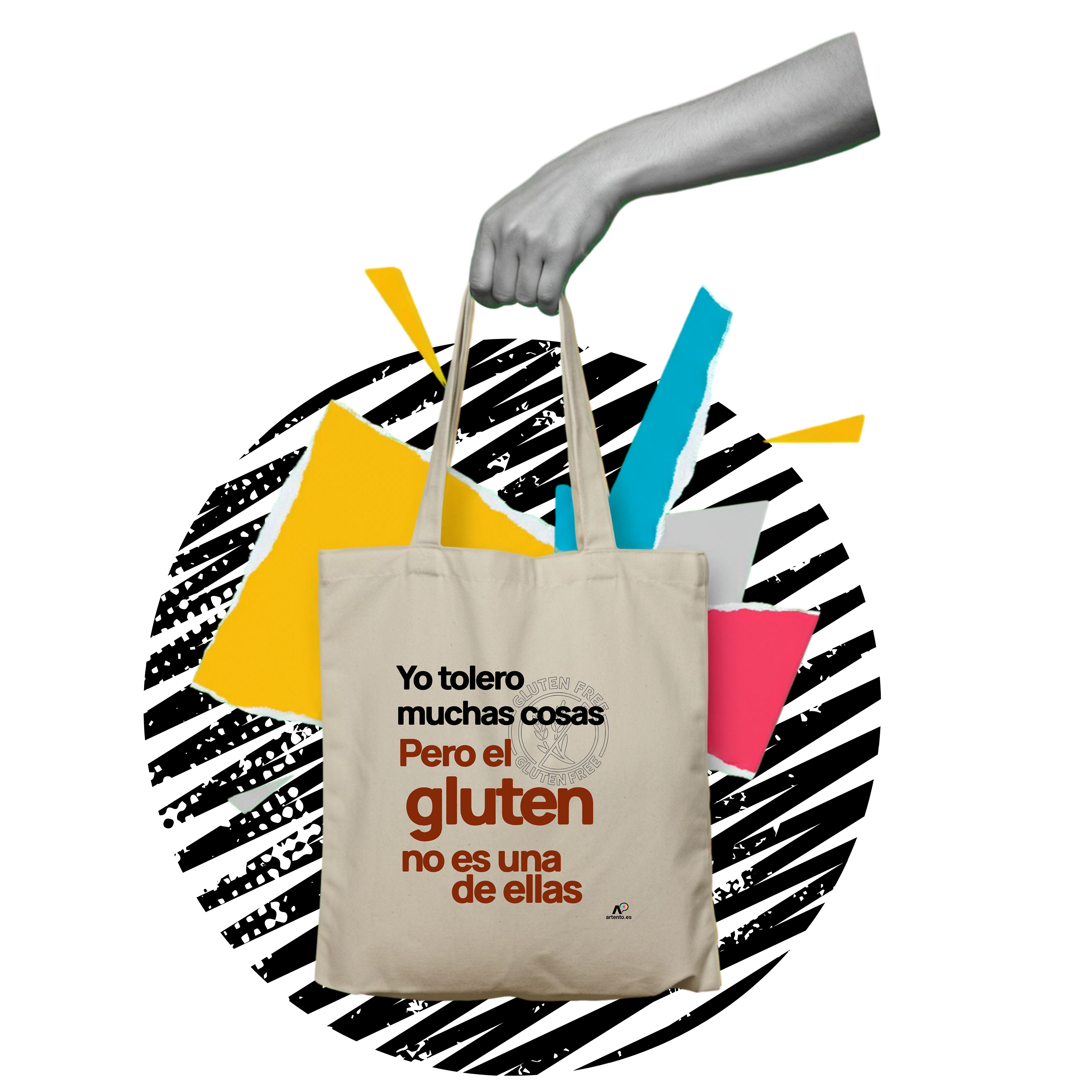 Beige tote bag with a bold typographic design in Spanish reading 'Yo tolero muchas cosas pero el gluten no es una de ellas,' pairing humor with a gluten-free stance. Features a subtle gluten-free seal behind the text. Held by a grayscale hand with abstract cyan, magenta, yellow, and white shapes in the background to highlight the product. Click to zoom in.