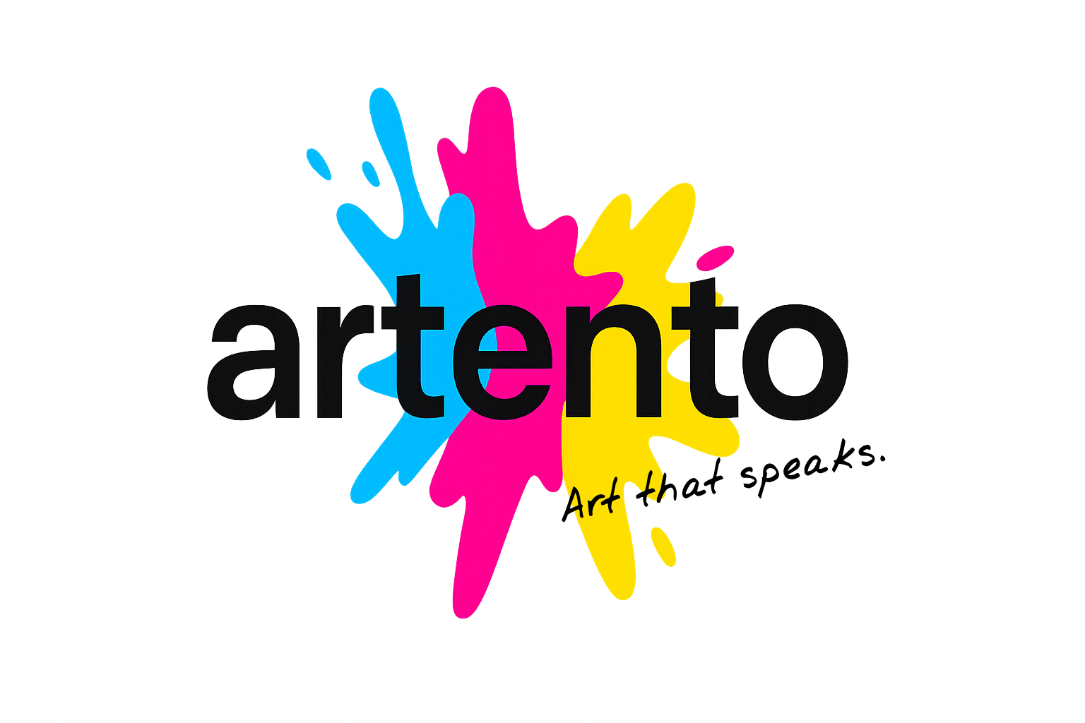 Splashy CMYK colors burst behind the word 'artento' in the Artento banner. Underneath: the slogan 'Art that speaks.' Click here to explore the shop.