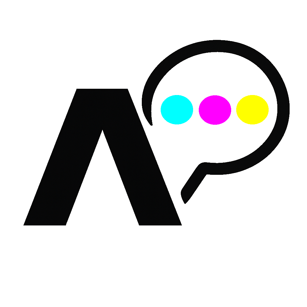 Logo de Artento: una letra A en negrita con un bocadillo de diálogo que contiene tres puntos en cian, magenta y amarillo. Representa el arte impreso con voz — simbolizando pensamiento, expresión y el puente entre el diseño digital y el producto físico, además de funcionar como una marca de calibración de impresión.