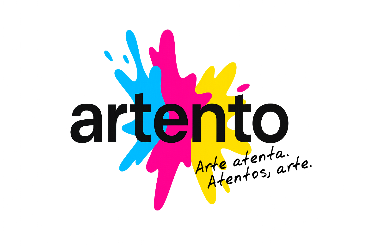 Imagen principal de Artento con manchas de color cian, magenta y amarillo detrás del texto 'artento'. Debajo se lee el eslogan 'Arte atenta, Atentos, arte'. Haz clic para acceder a la tienda.